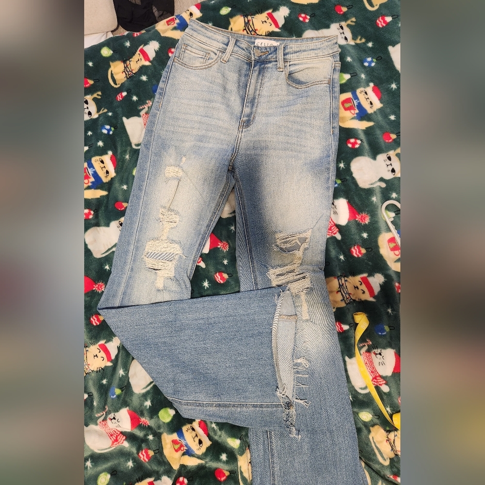 Women's Light Blue Distressed Flare Jeans